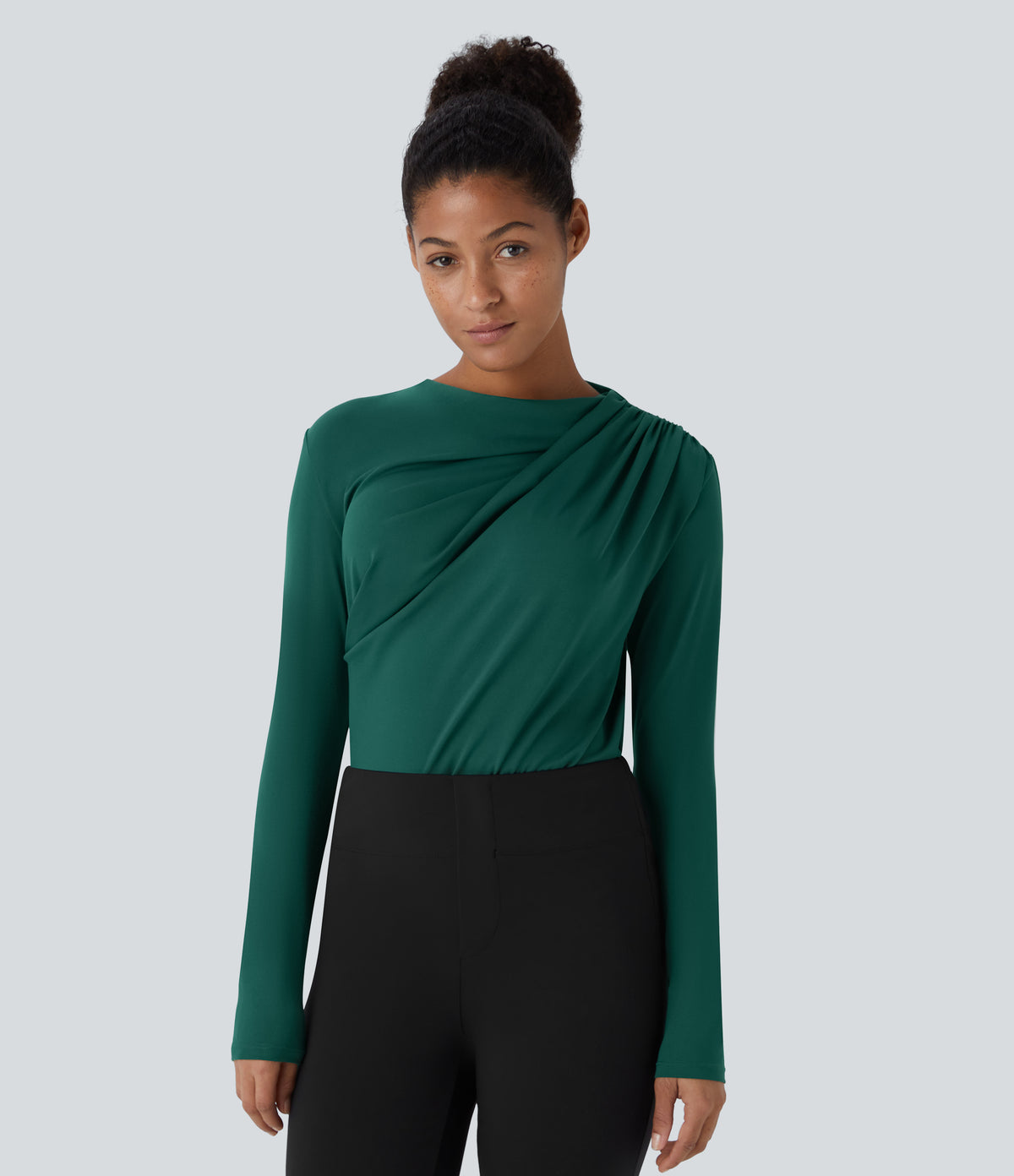 Cowl Neck Ruched Long Sleeve Slim Work Top — Rain Forest — view 1