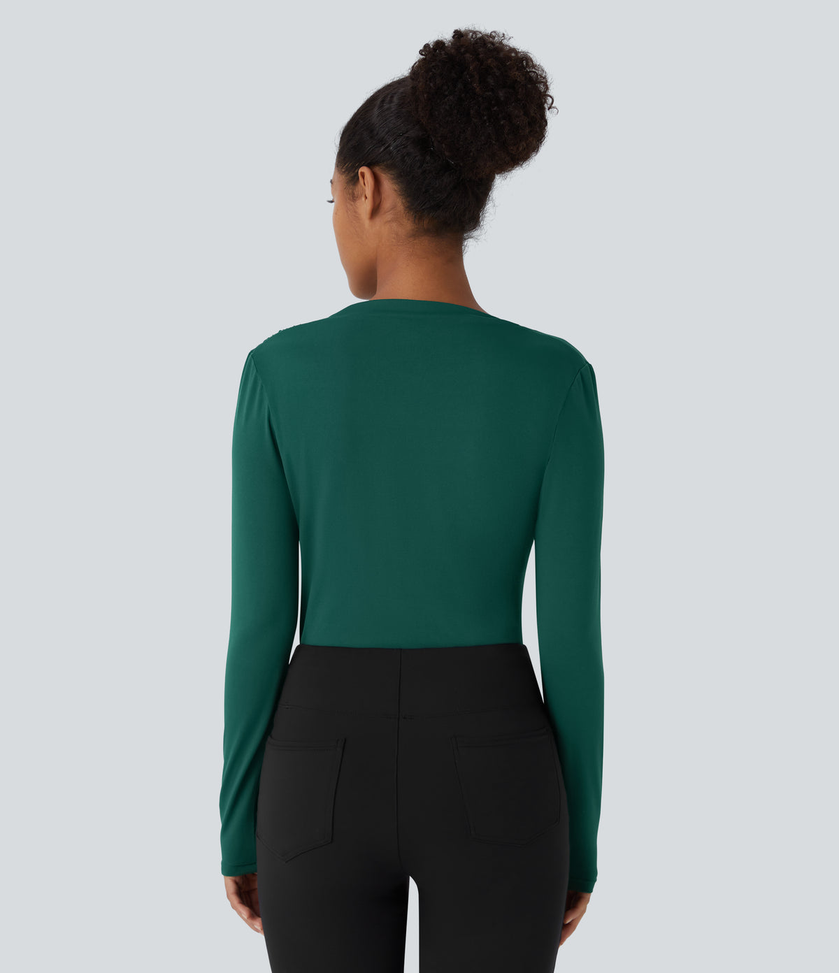 Cowl Neck Ruched Long Sleeve Slim Work Top — Rain Forest — view 2