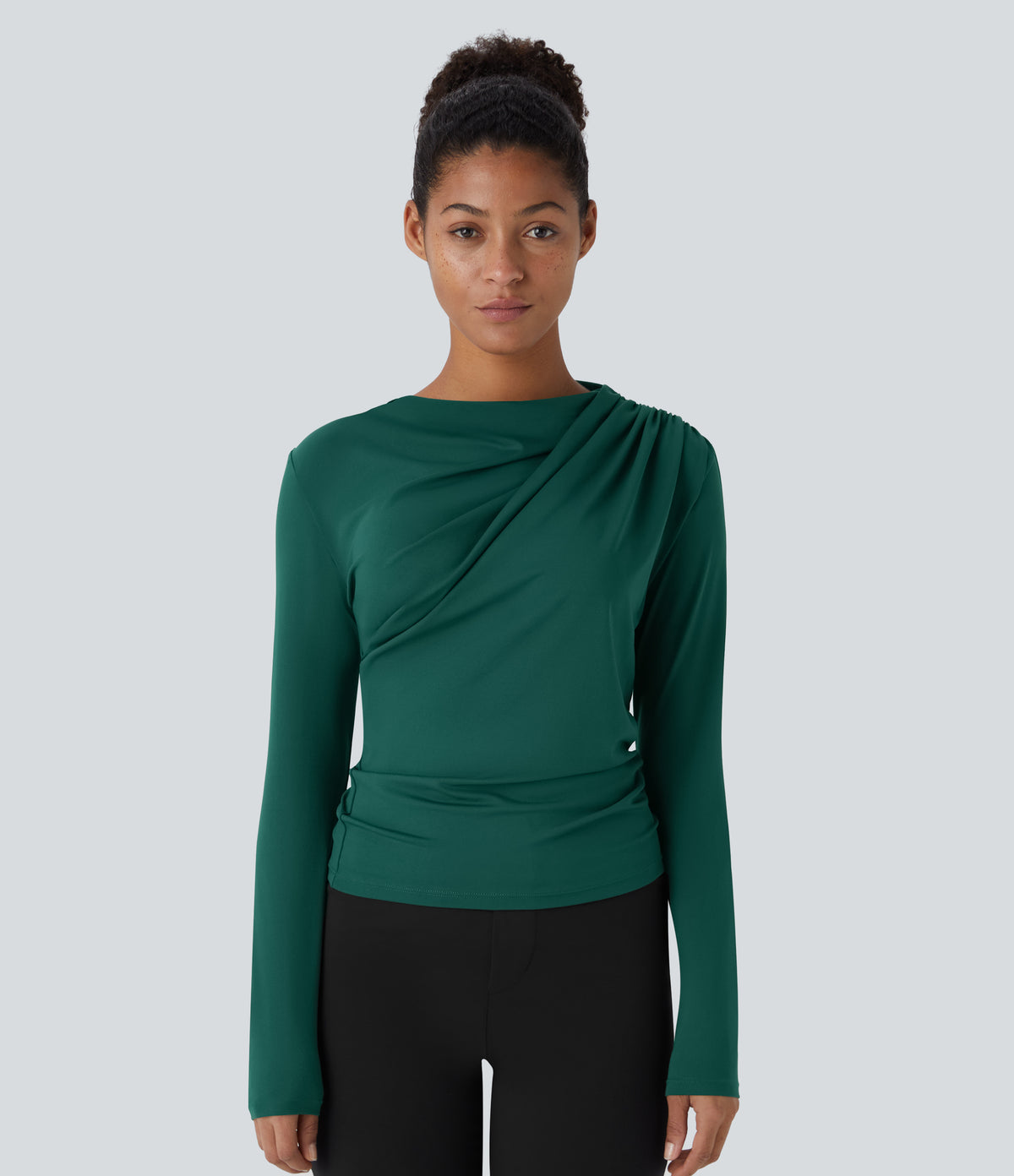 Cowl Neck Ruched Long Sleeve Slim Work Top — Rain Forest — view 5