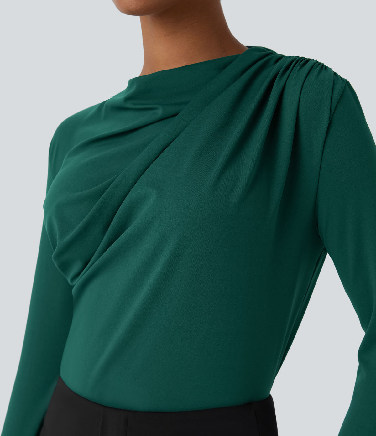 Cowl Neck Ruched Long Sleeve Slim Work Top — Rain Forest — view 4