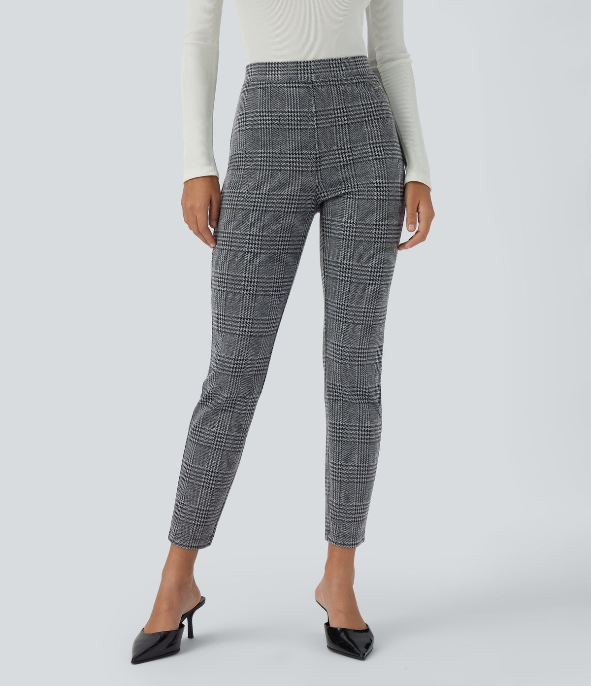 High Waisted Pocket Houndstooth Plaid Skinny Work Trousers — Dark Gray Plaid — view 4