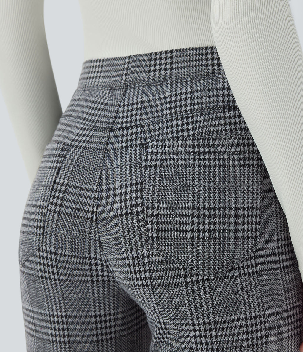 High Waisted Pocket Houndstooth Plaid Skinny Work Trousers — Dark Gray Plaid — view 5