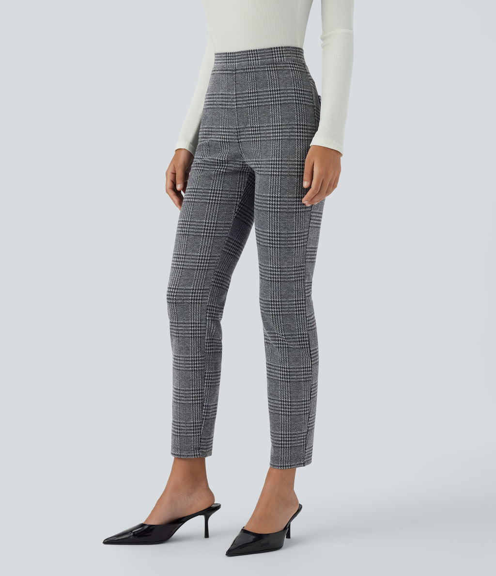 High Waisted Pocket Houndstooth Plaid Skinny Work Trousers — Dark Gray Plaid — view 3