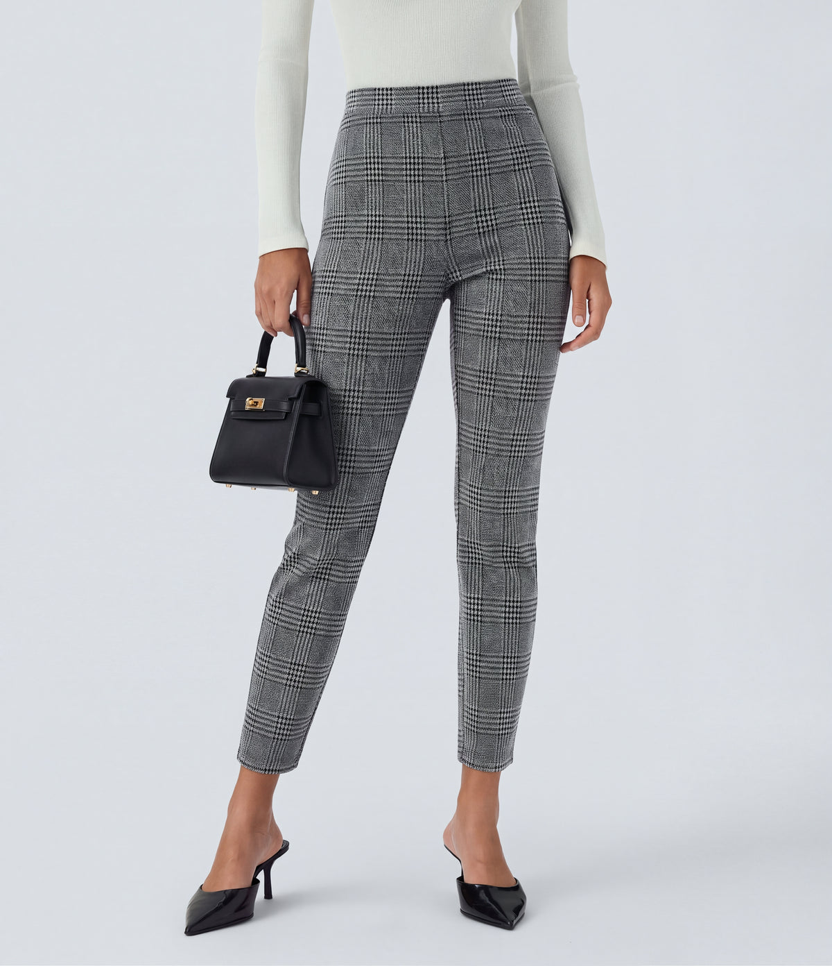 High Waisted Pocket Houndstooth Plaid Skinny Work Trousers — Dark Gray Plaid — view 1