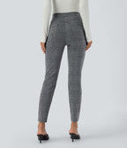 High Waisted Pocket Houndstooth Plaid Skinny Work Trousers — Dark Gray Plaid — view 2