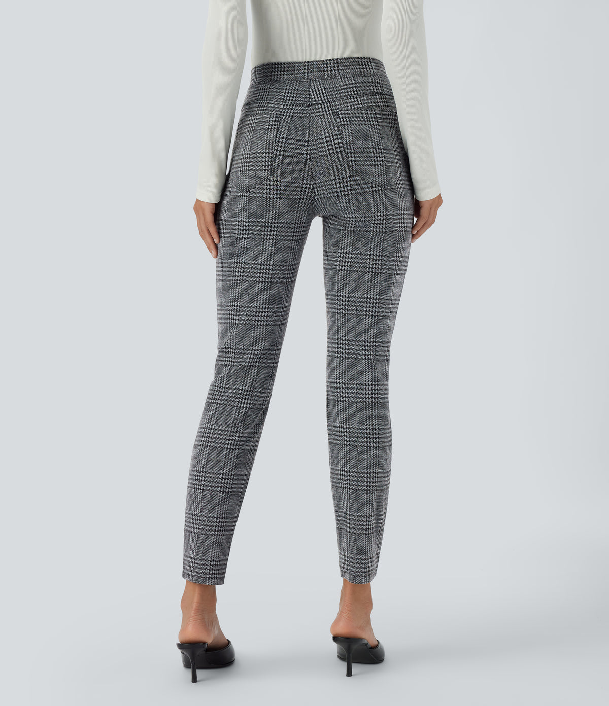 High Waisted Pocket Houndstooth Plaid Skinny Work Trousers — Dark Gray Plaid — view 2