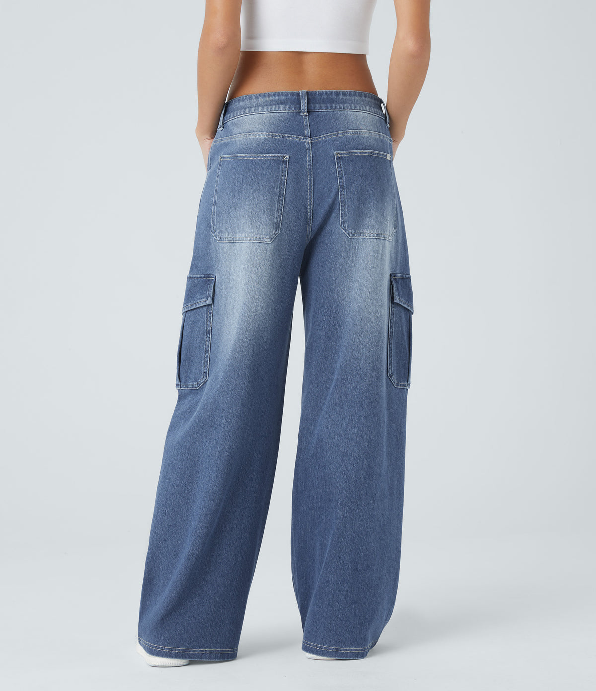 Low Rise Multiple Pockets Stretchy Knit Casual Baggy Wide Leg Cargo Jeans — Cedar Blue Denim — view 2