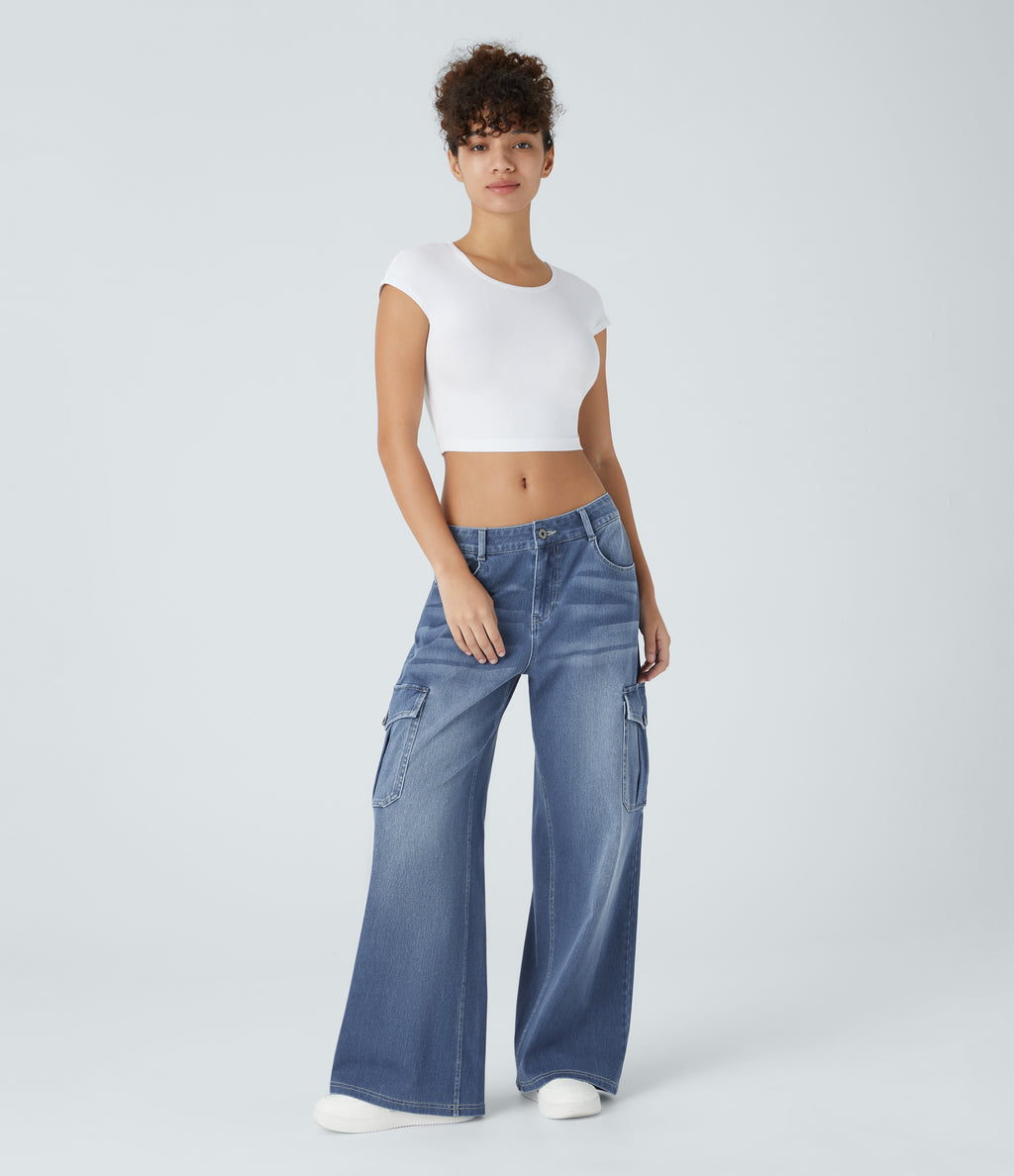 Low Rise Multiple Pockets Stretchy Knit Casual Baggy Wide Leg Cargo Jeans — Cedar Blue Denim — view 6