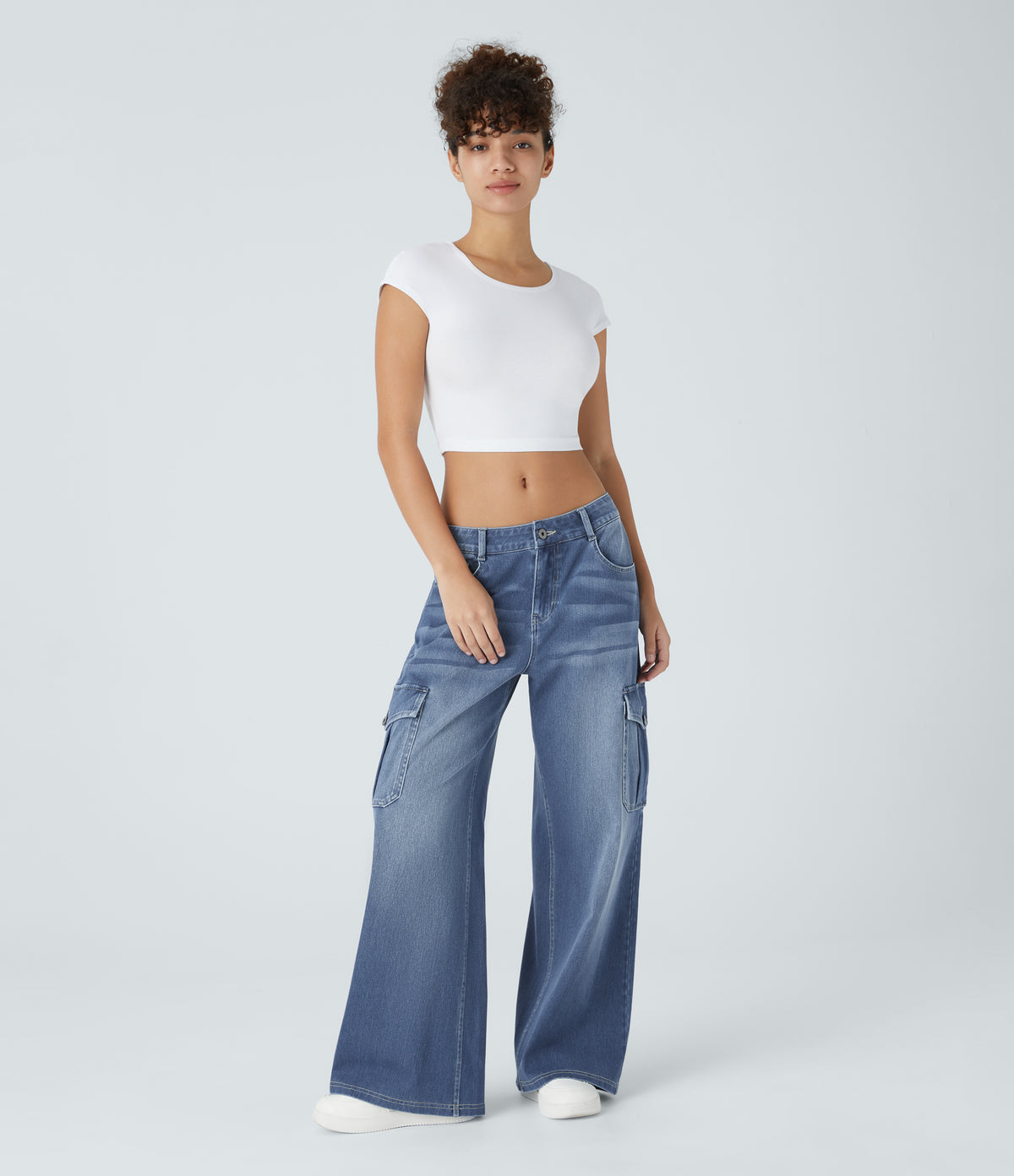 Low Rise Multiple Pockets Stretchy Knit Casual Baggy Wide Leg Cargo Jeans — Cedar Blue Denim — view 6