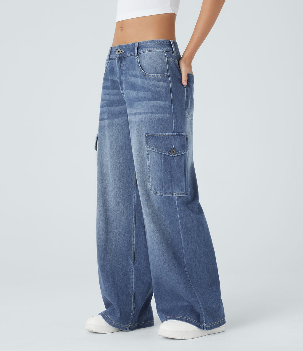 Low Rise Multiple Pockets Stretchy Knit Casual Baggy Wide Leg Cargo Jeans — Cedar Blue Denim — view 3