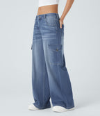 Low Rise Multiple Pockets Stretchy Knit Casual Baggy Wide Leg Cargo Jeans — Cedar Blue Denim — view 3