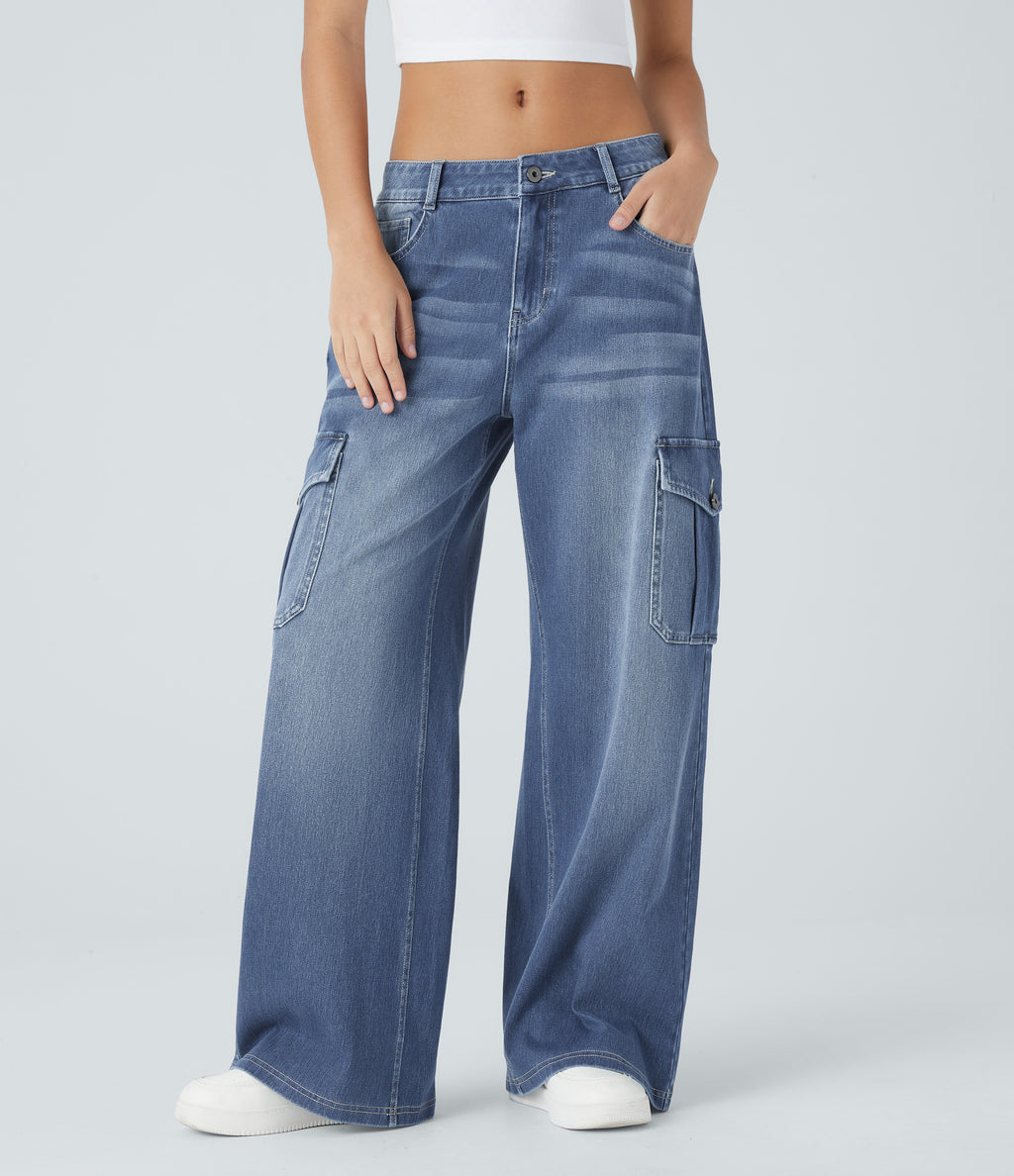 Low Rise Multiple Pockets Stretchy Knit Casual Baggy Wide Leg Cargo Jeans — Cedar Blue Denim — view 1