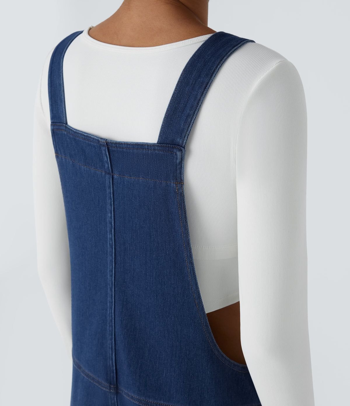 V Neck Pocket Washed Denim Casual Dungarees — Serene Blue Denim — view 5