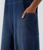 V Neck Pocket Washed Denim Casual Dungarees — Serene Blue Denim — view 6