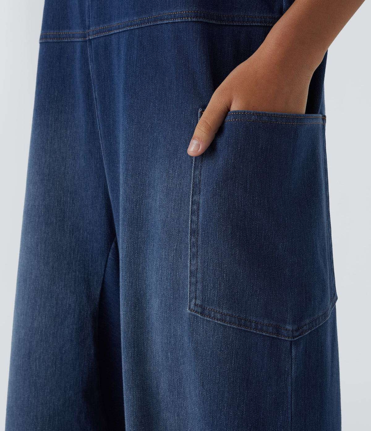 V Neck Pocket Washed Denim Casual Dungarees — Serene Blue Denim — view 6