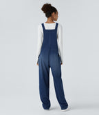 V Neck Pocket Washed Denim Casual Dungarees — Serene Blue Denim — view 2