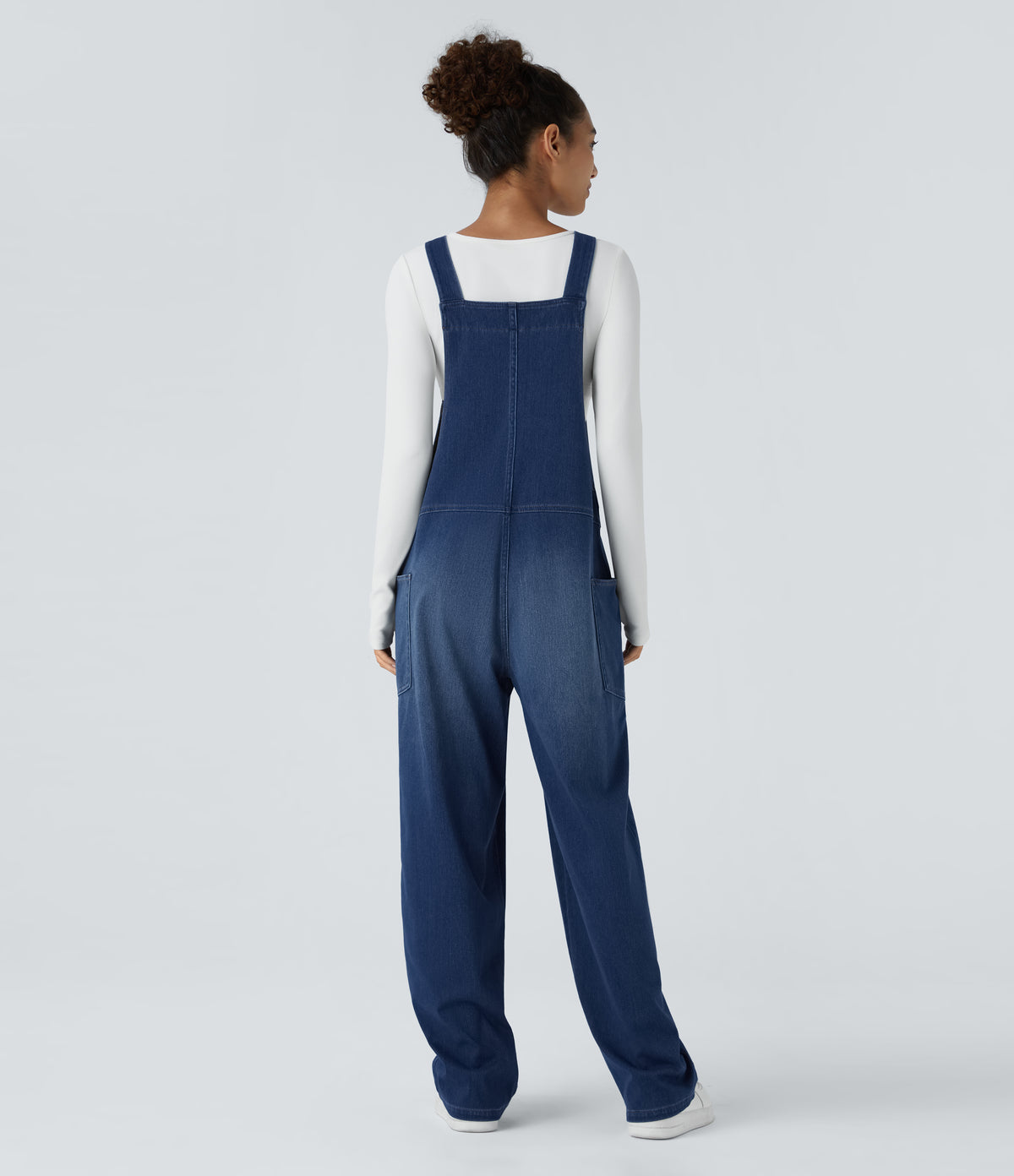 V Neck Pocket Washed Denim Casual Dungarees — Serene Blue Denim — view 2