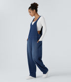 V Neck Pocket Washed Denim Casual Dungarees — Serene Blue Denim — view 3