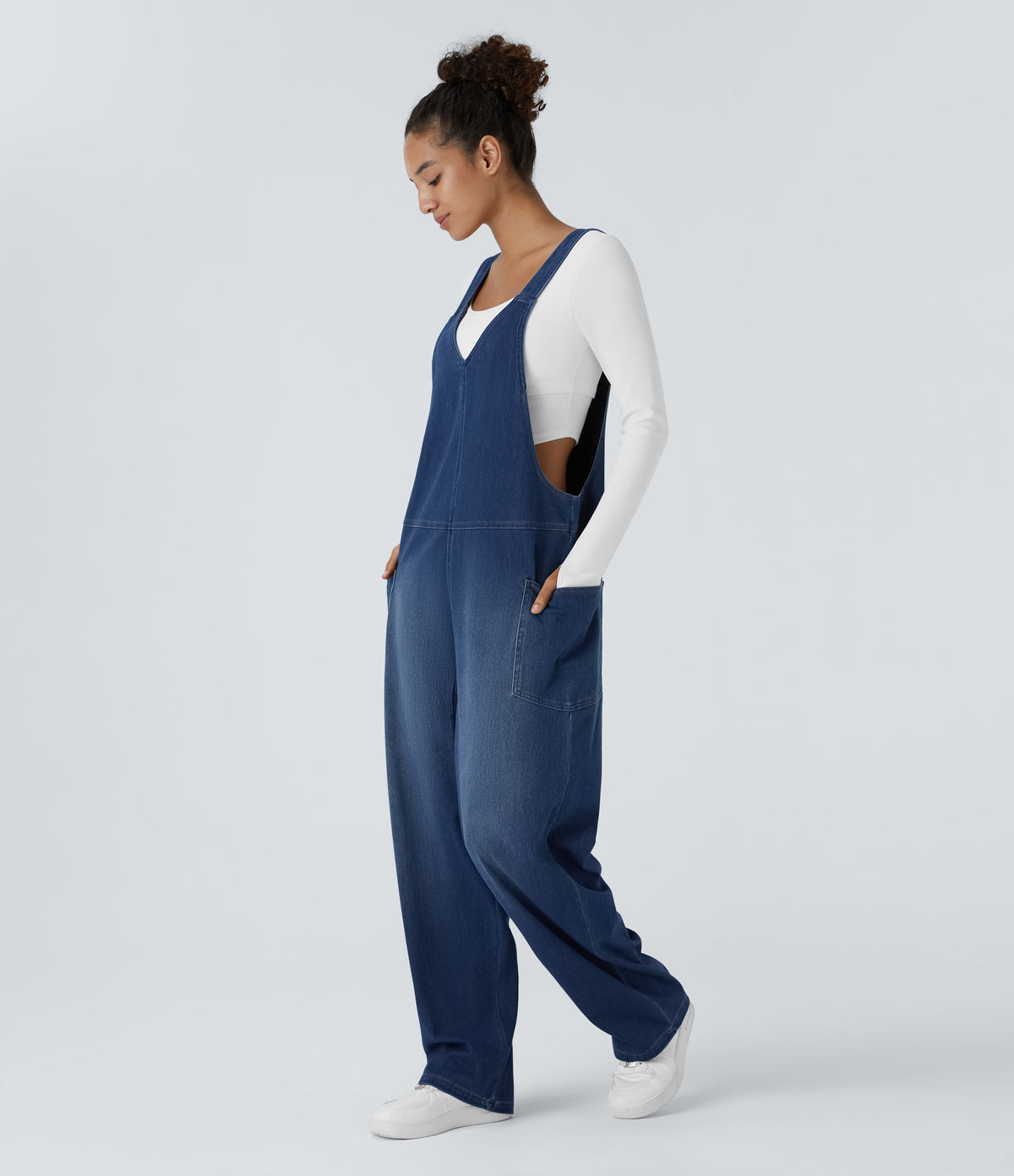 V Neck Pocket Washed Denim Casual Dungarees — Serene Blue Denim — view 3