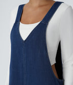V Neck Pocket Washed Denim Casual Dungarees — Serene Blue Denim — view 4