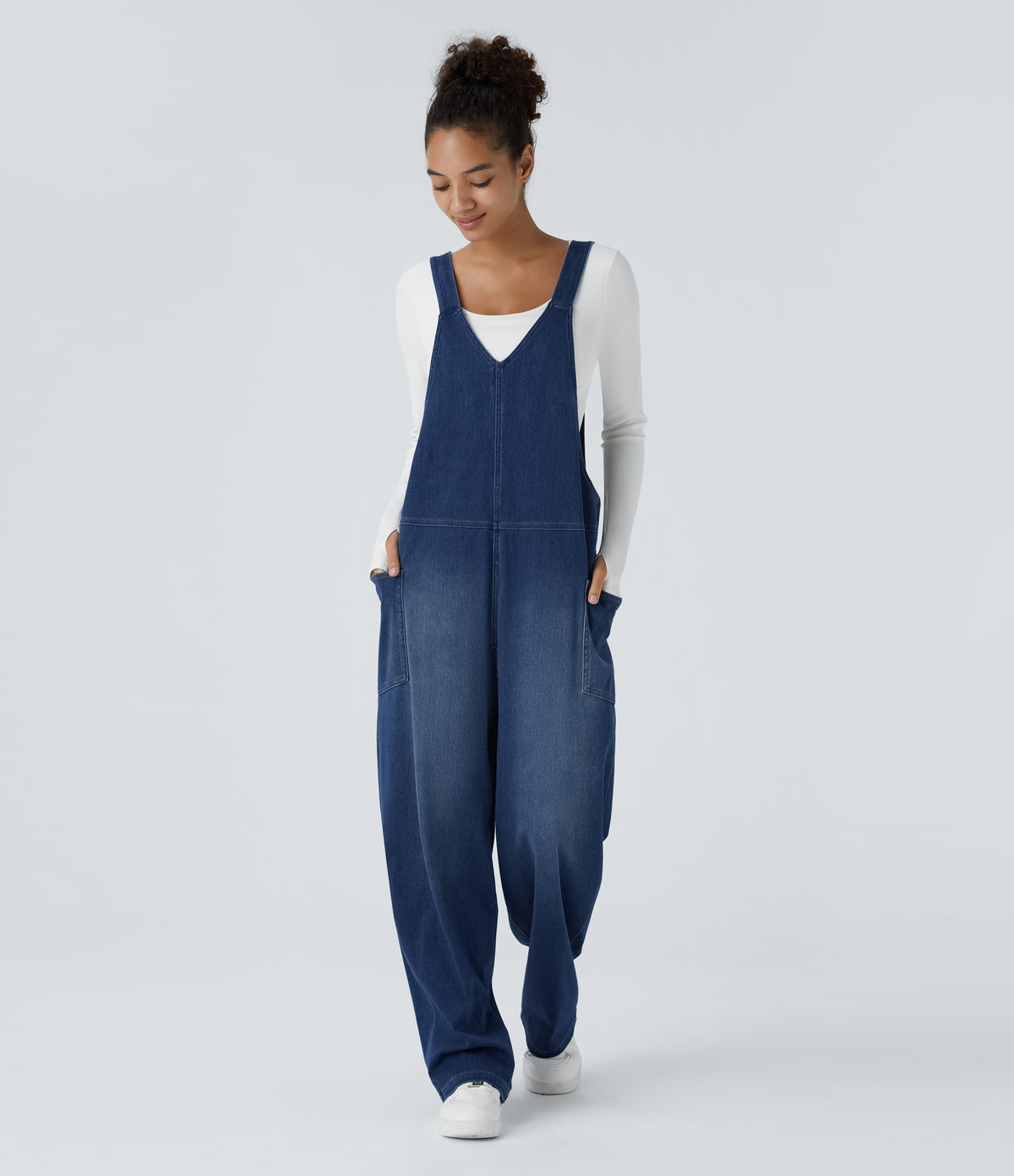 V Neck Pocket Washed Denim Casual Dungarees — Serene Blue Denim — view 1
