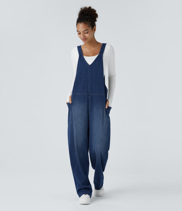 V Neck Pocket Washed Denim Casual Dungarees — Serene Blue Denim — view 1
