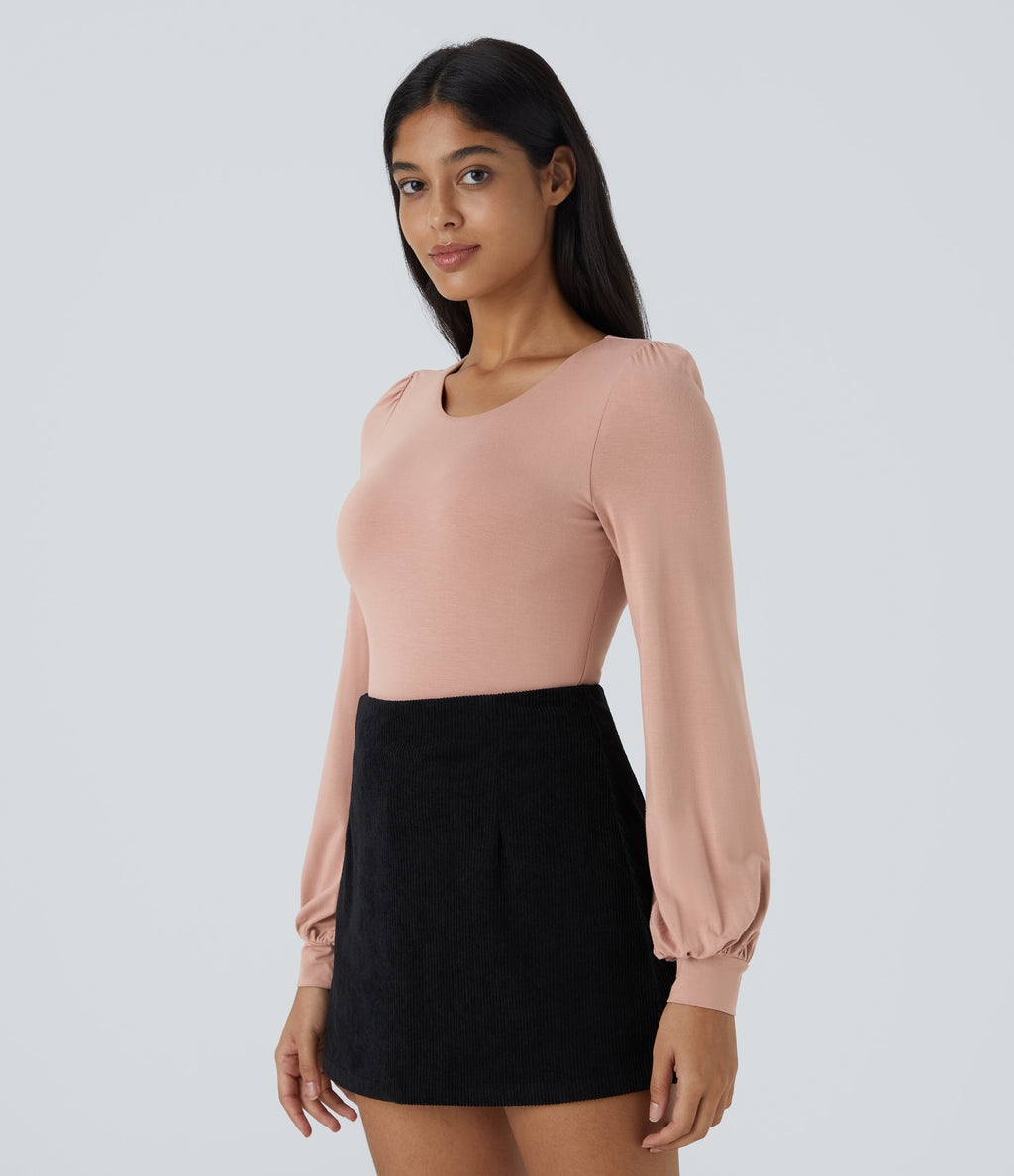 Round Neck Long Sleeve Button Casual Bodysuit — Misty Rose — view 4
