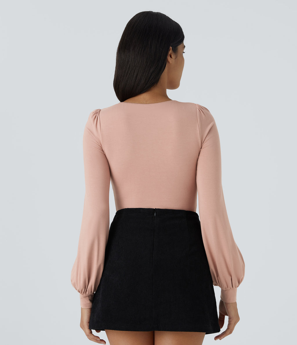 Round Neck Long Sleeve Button Casual Bodysuit — Misty Rose — view 3