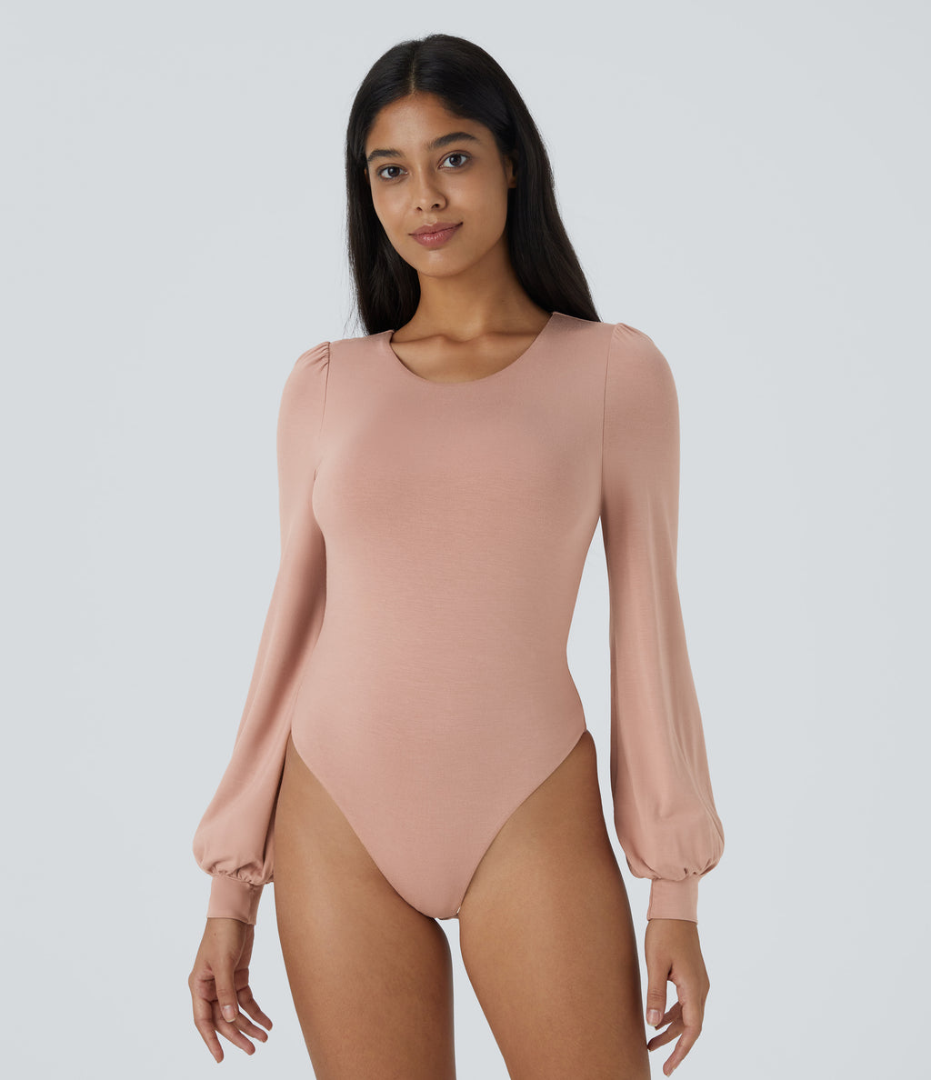 Round Neck Long Sleeve Button Casual Bodysuit — Misty Rose — view 1