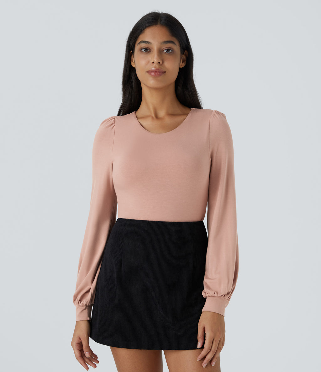 Round Neck Long Sleeve Button Casual Bodysuit — Misty Rose — view 2
