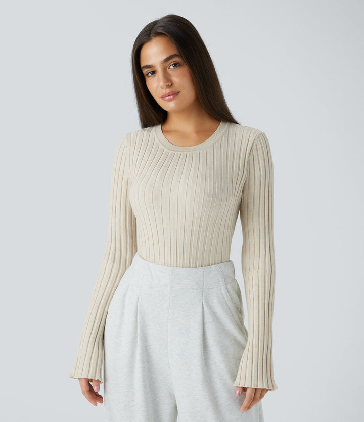 Round Neck Long Sleeve Frill Casual Jumper — White Onyx — view 1