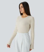 Round Neck Long Sleeve Frill Casual Jumper — White Onyx — view 3