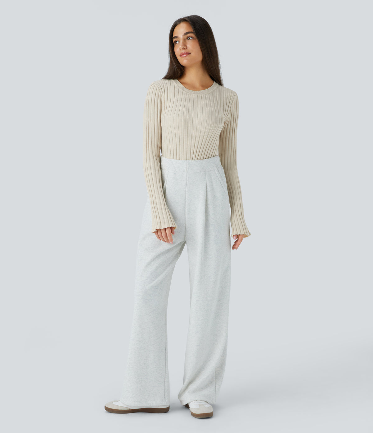 Round Neck Long Sleeve Frill Casual Jumper — White Onyx — view 7