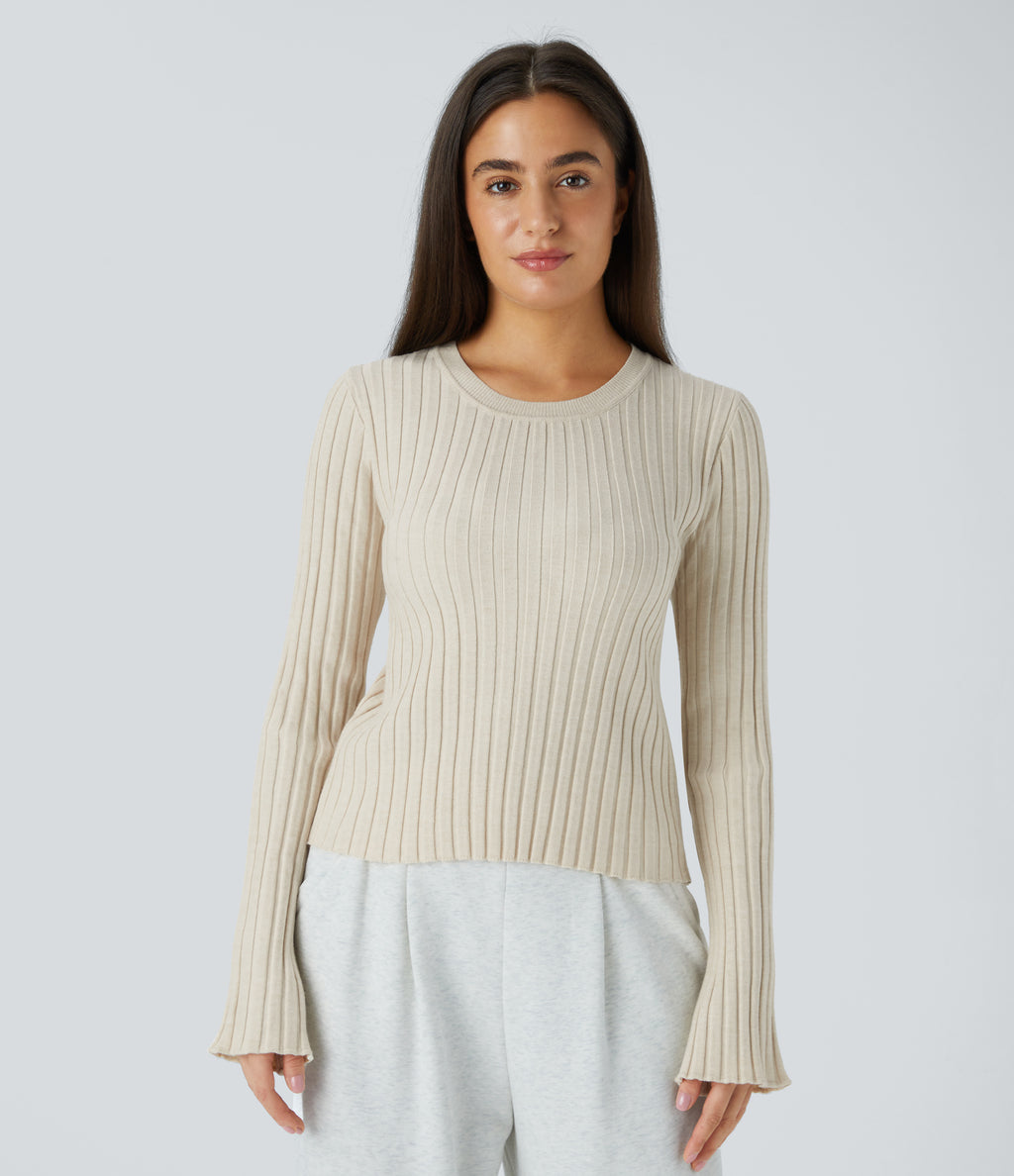 Round Neck Long Sleeve Frill Casual Jumper — White Onyx — view 6