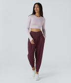 High Waisted Crossover Side Pocket Waffle Yoga Joggers — Evening Red — view 7