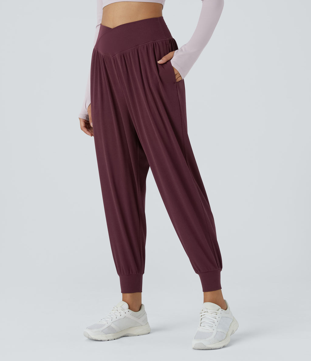 High Waisted Crossover Side Pocket Waffle Yoga Joggers — Evening Red — view 3