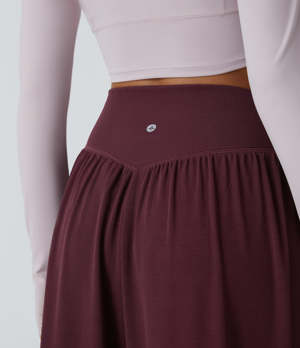 High Waisted Crossover Side Pocket Waffle Yoga Joggers — Evening Red — view 5