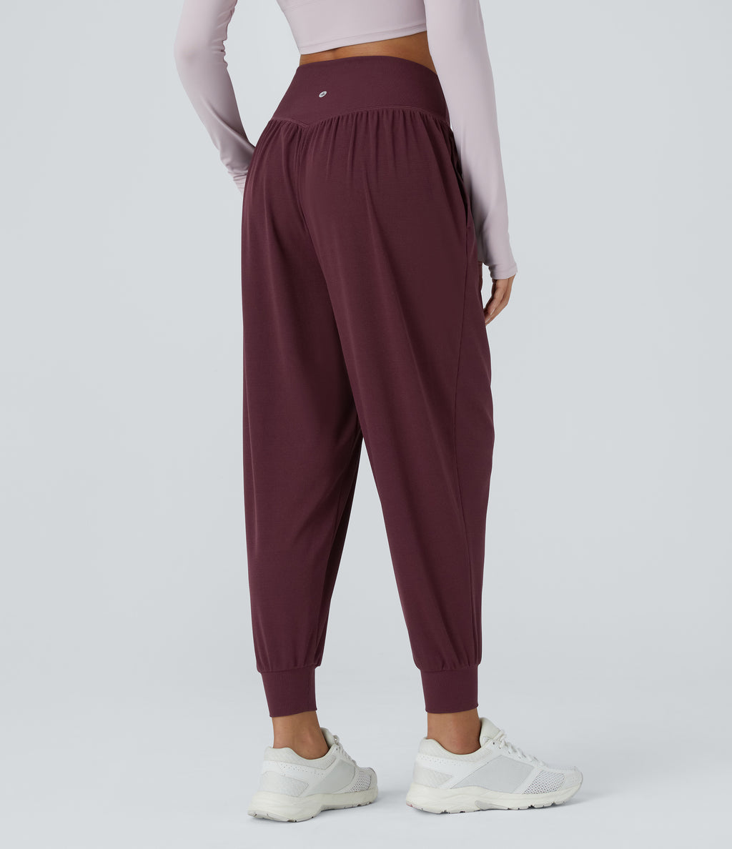 High Waisted Crossover Side Pocket Waffle Yoga Joggers — Evening Red — view 2