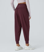 High Waisted Crossover Side Pocket Waffle Yoga Joggers — Evening Red — view 2