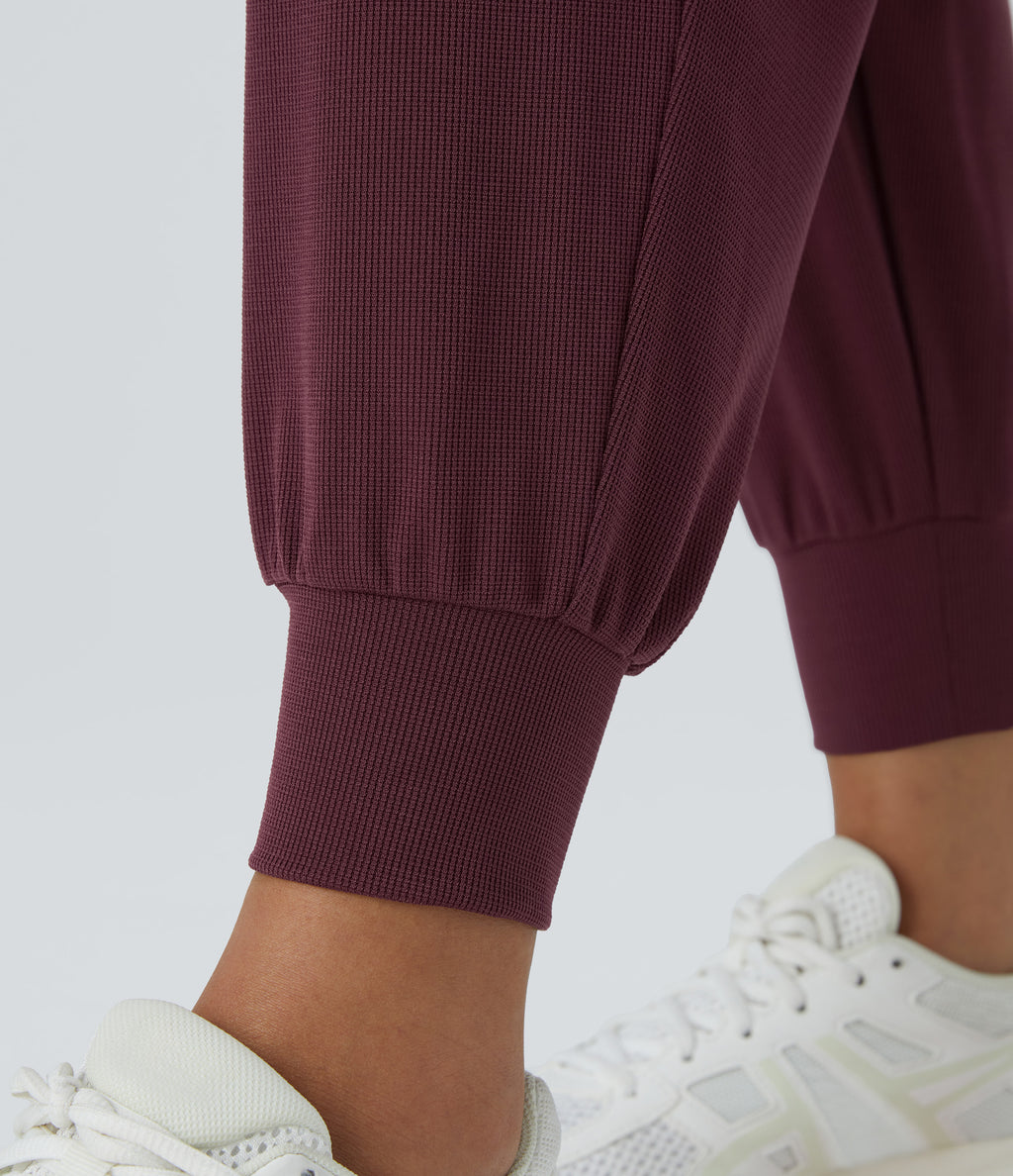 High Waisted Crossover Side Pocket Waffle Yoga Joggers — Evening Red — view 6