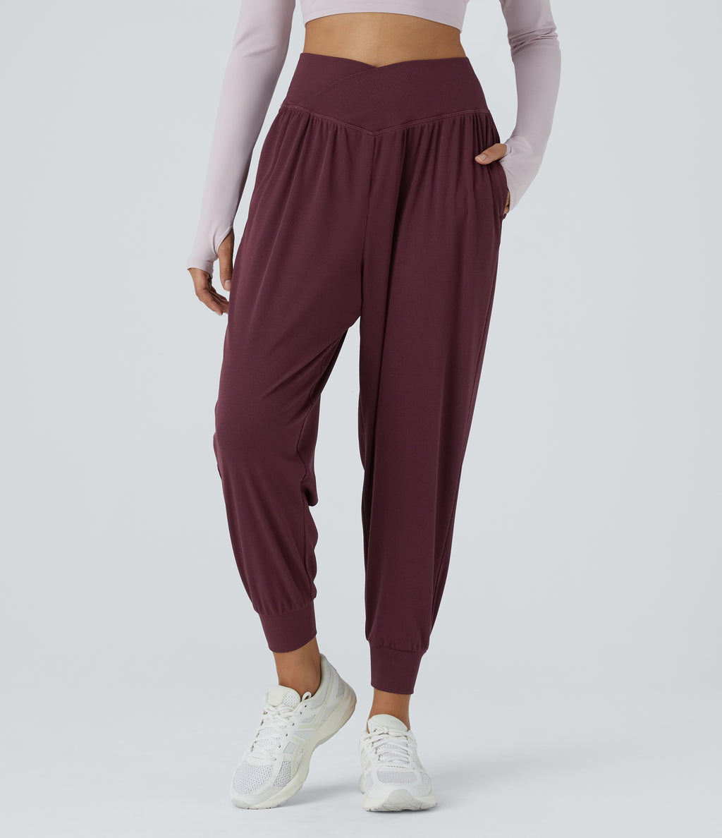 High Waisted Crossover Side Pocket Waffle Yoga Joggers — Evening Red — view 1