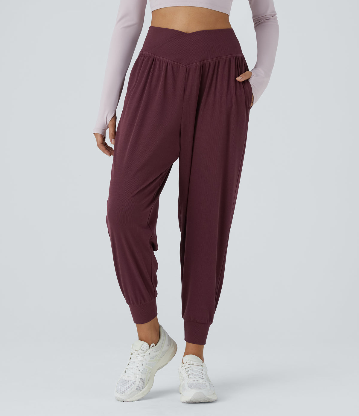 High Waisted Crossover Side Pocket Waffle Yoga Joggers — Evening Red — view 1