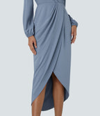 V Neck Long Sleeve Tulip Hem Midi Party Dress — Rain Washed — view 6