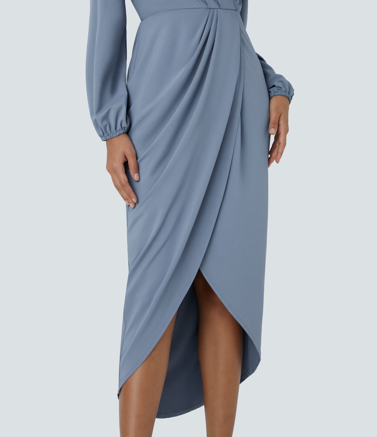 V Neck Long Sleeve Tulip Hem Midi Party Dress — Rain Washed — view 6