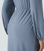 V Neck Long Sleeve Tulip Hem Midi Party Dress — Rain Washed — view 5
