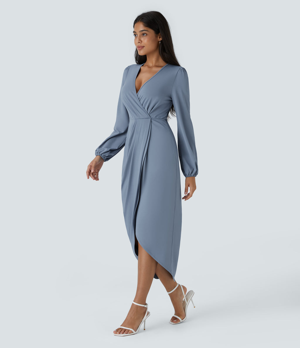 V Neck Long Sleeve Tulip Hem Midi Party Dress — Rain Washed — view 3