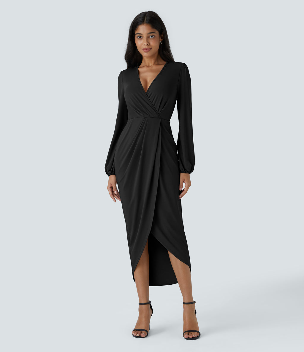 V Neck Long Sleeve Tulip Hem Midi Party Dress — Black — view 7