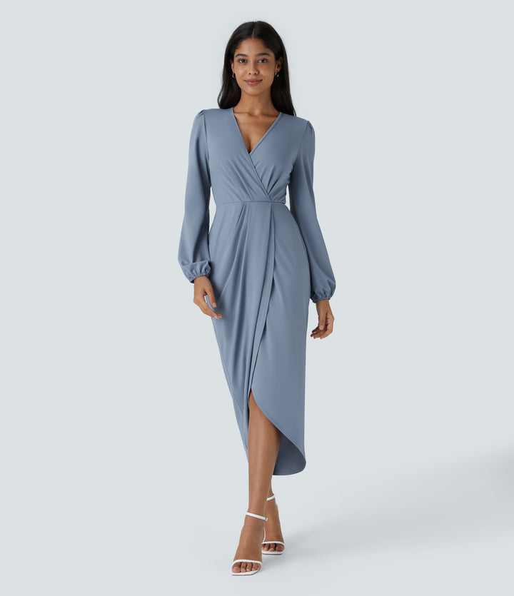 V Neck Long Sleeve Tulip Hem Midi Party Dress — Rain Washed — view 1