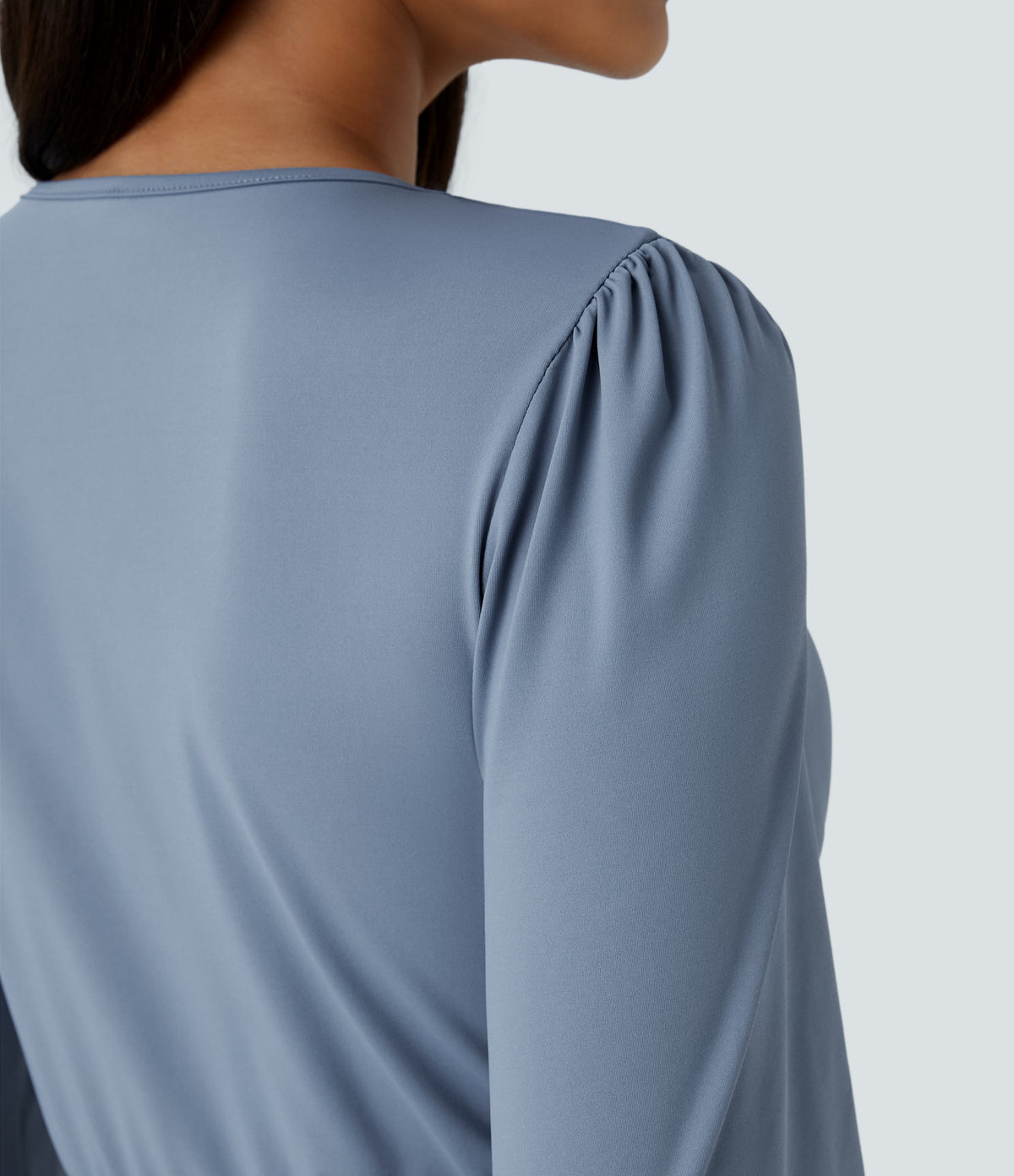 V Neck Long Sleeve Tulip Hem Midi Party Dress — Rain Washed — view 4