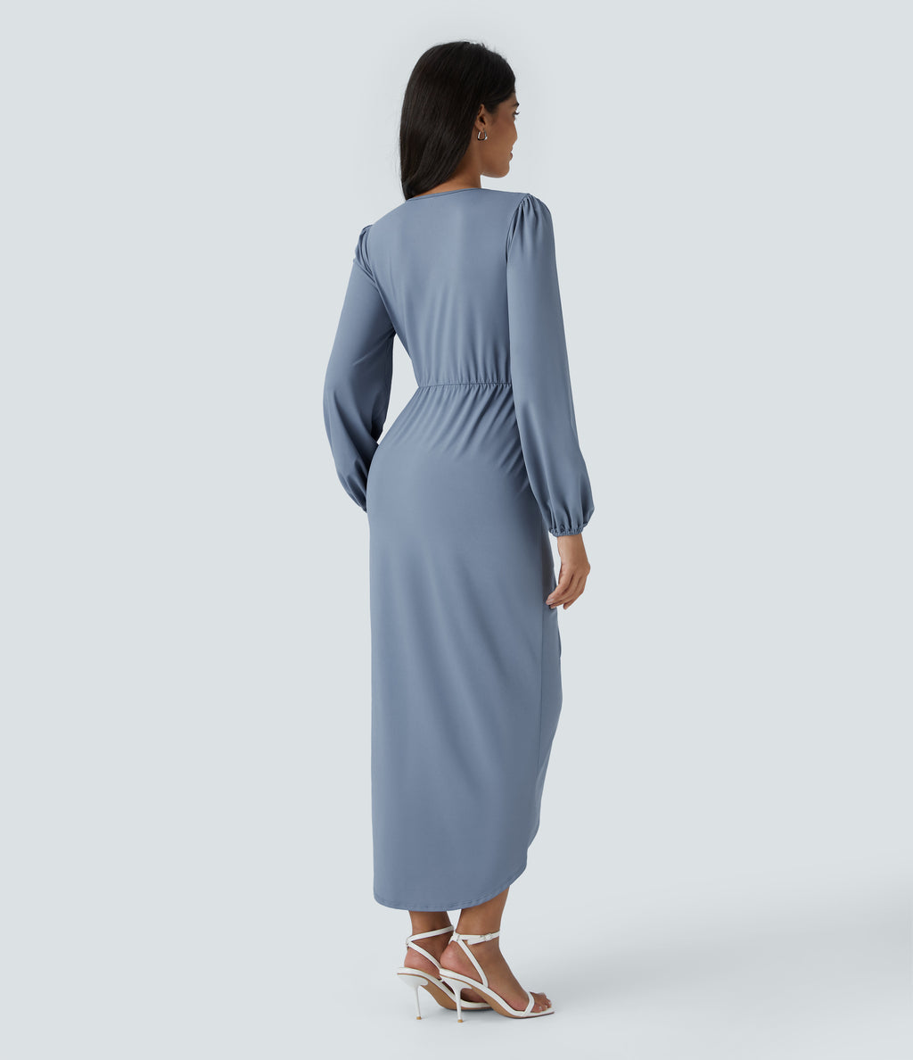 V Neck Long Sleeve Tulip Hem Midi Party Dress — Rain Washed — view 2